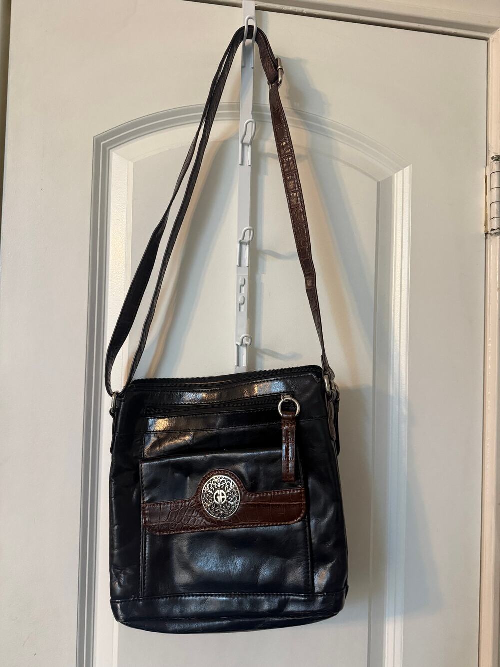 Giani Bernini Black Leather Crossbody Organizer Bag Brown Croc Trim
